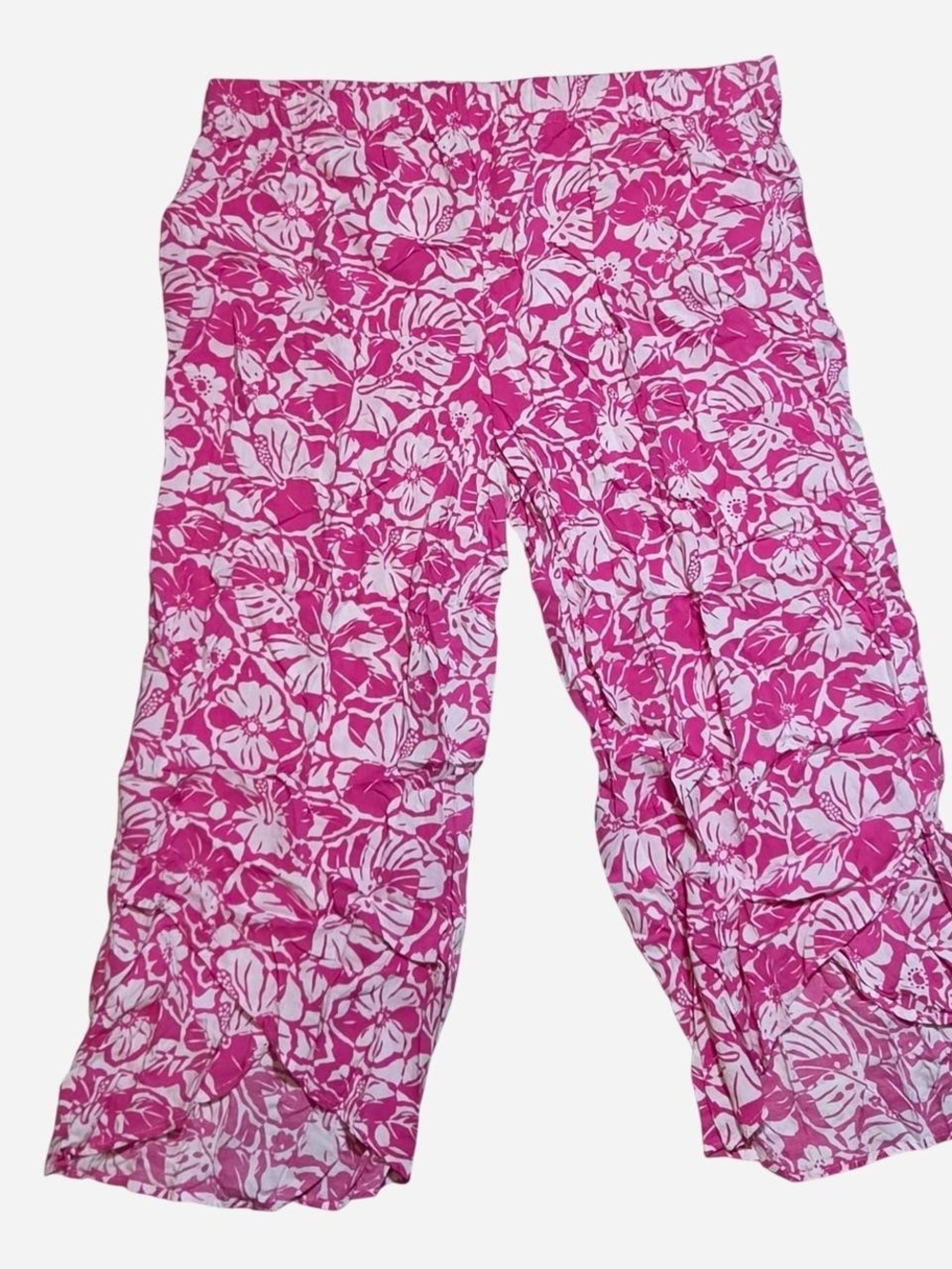 Pink floral tropical rayon stretchy Wideleg resortwear pull-on pants sz XL